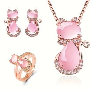 Elegant Pink Cat Jewelry Set. Christmas Gift. Holiday set.